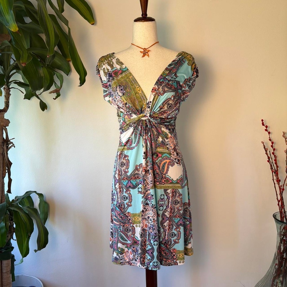 S-Twelve Teal Paisley Babydoll Wrap Dress V-Neck Cap Sleeve Multicolor M/L